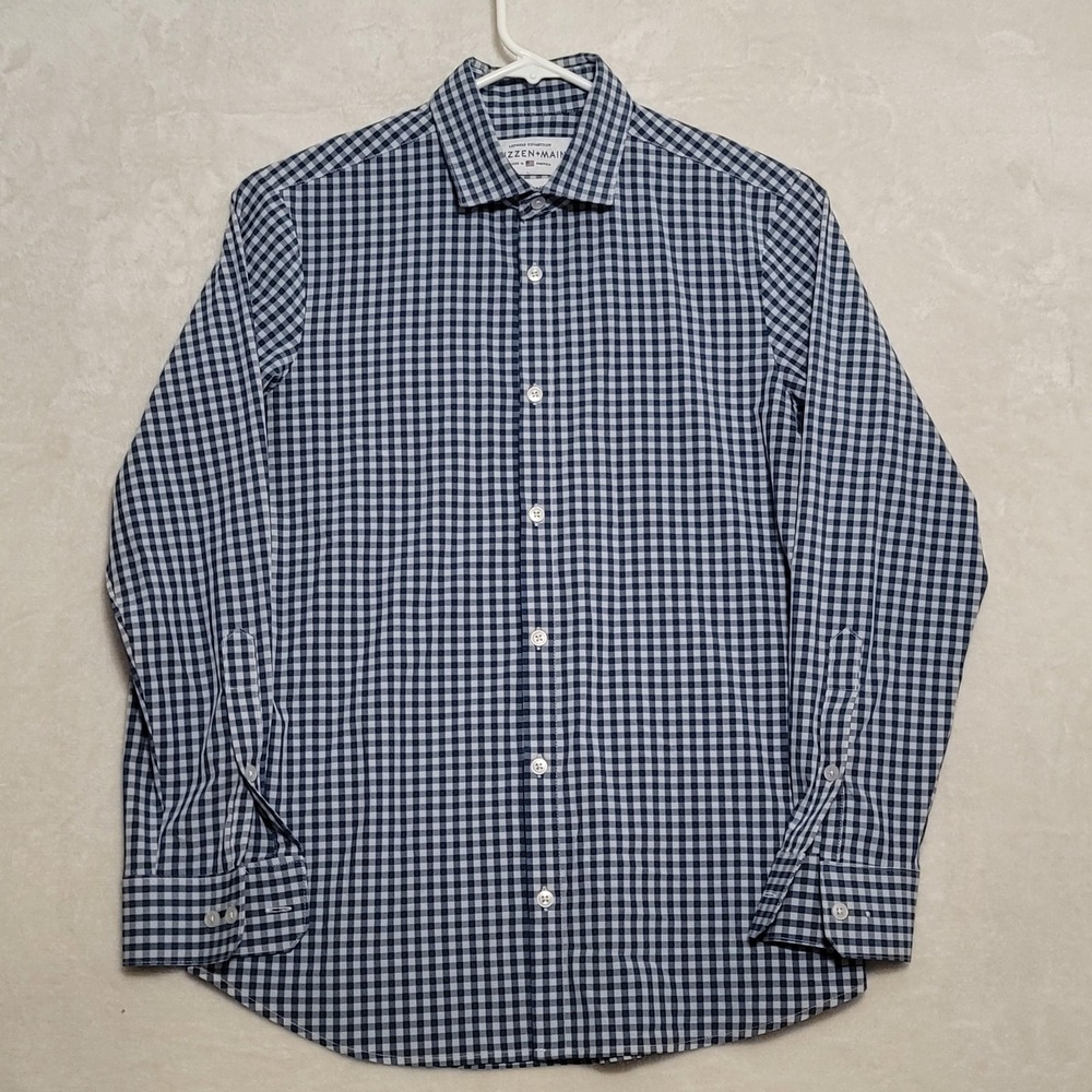 Mizzen + Main Shirt Mens Medium Blue Gingham Plaid Leeward Trim Fit Stretch USA